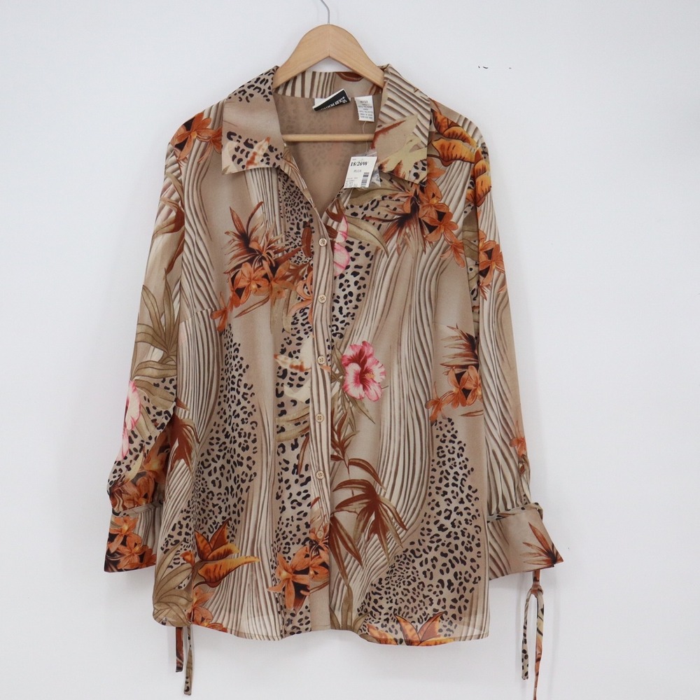 Fashion Bug Button-Down Womens 18/20 Leopard Floral Tan Tie Cuff New
